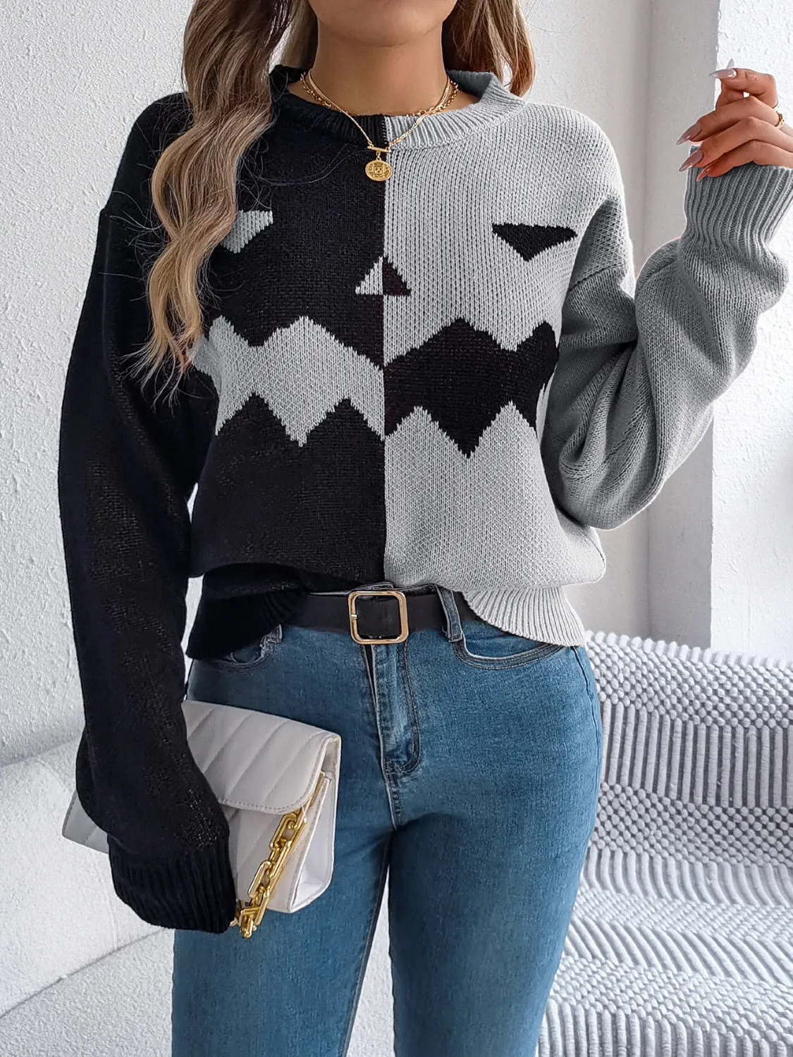 Contrast Round Neck Long Sleeve Sweater, Pumpkin