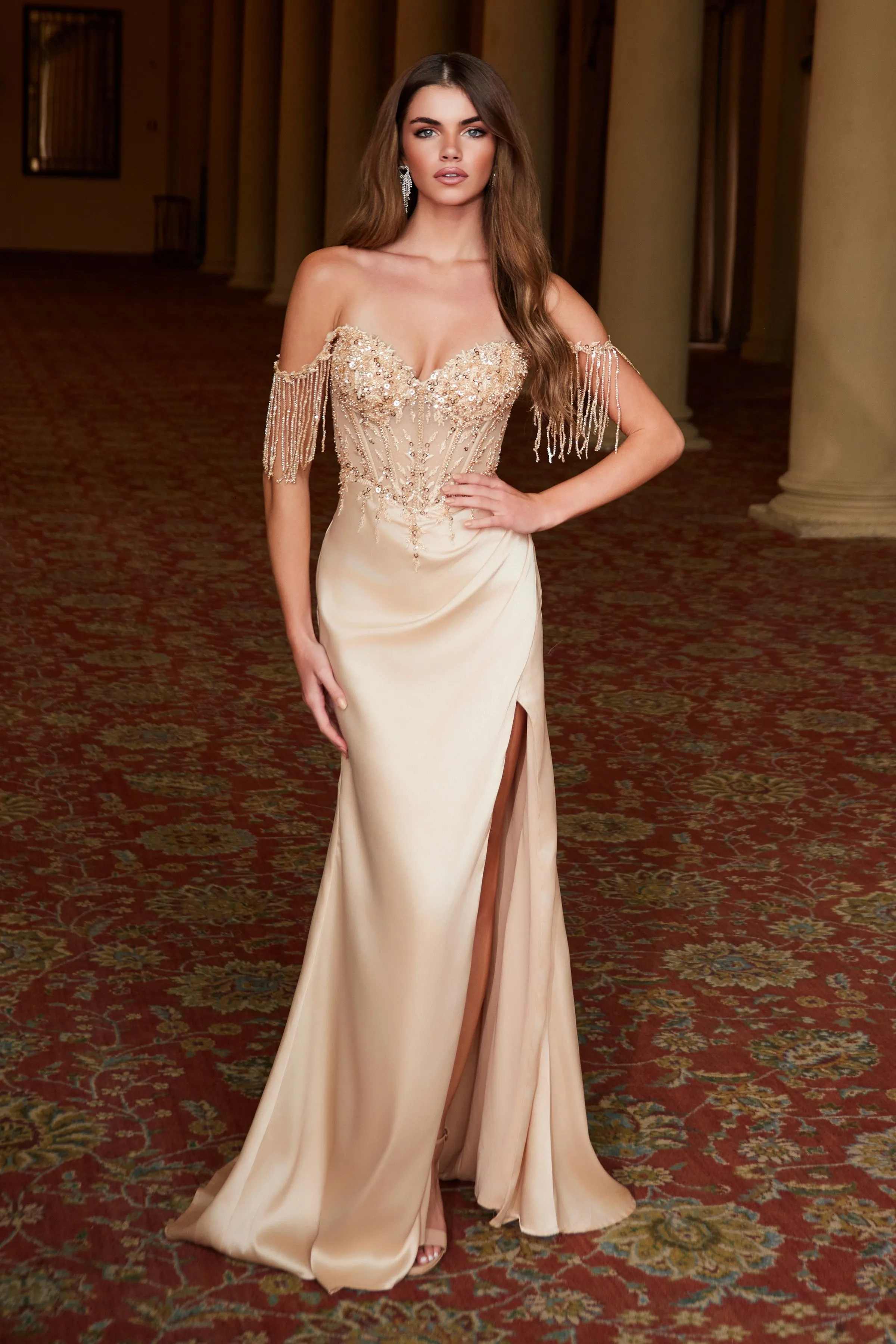 NOX ANABEL F1571 Sweetheart Sequin Applique Off Shoulder Dress