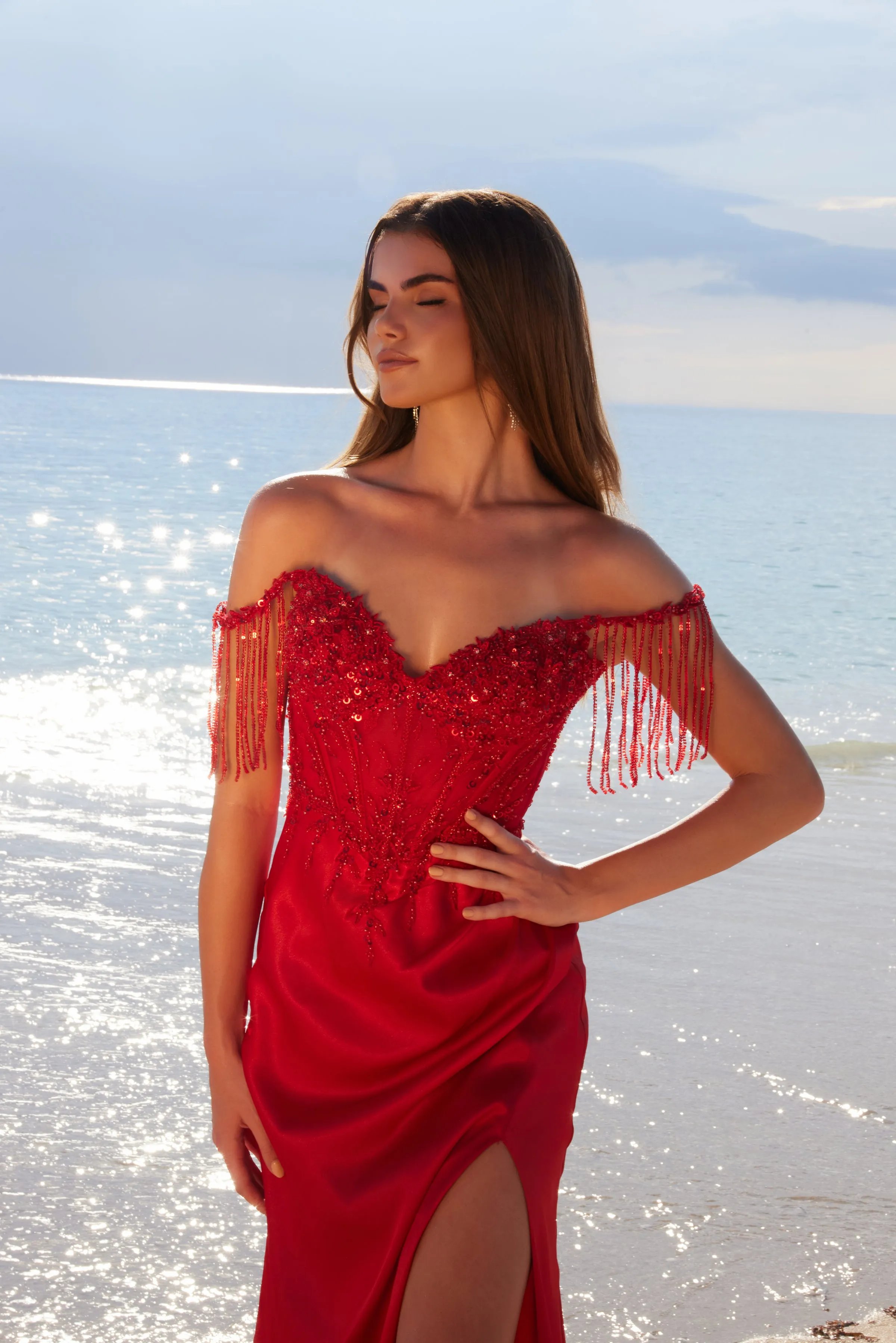 NOX ANABEL F1571 Sweetheart Sequin Applique Off Shoulder Dress