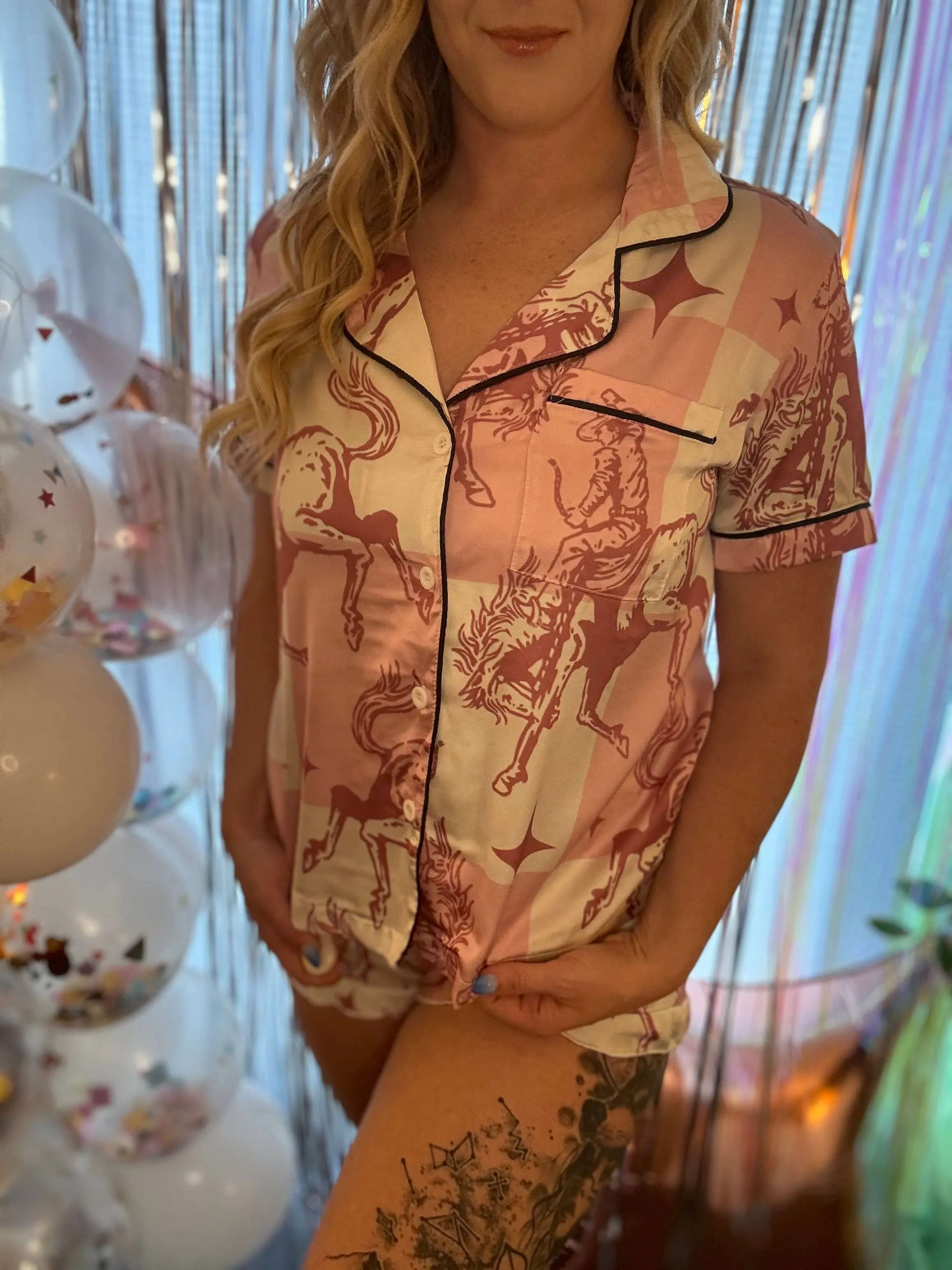 Pink Checkered Bronc Rider Silky Pajama Set
