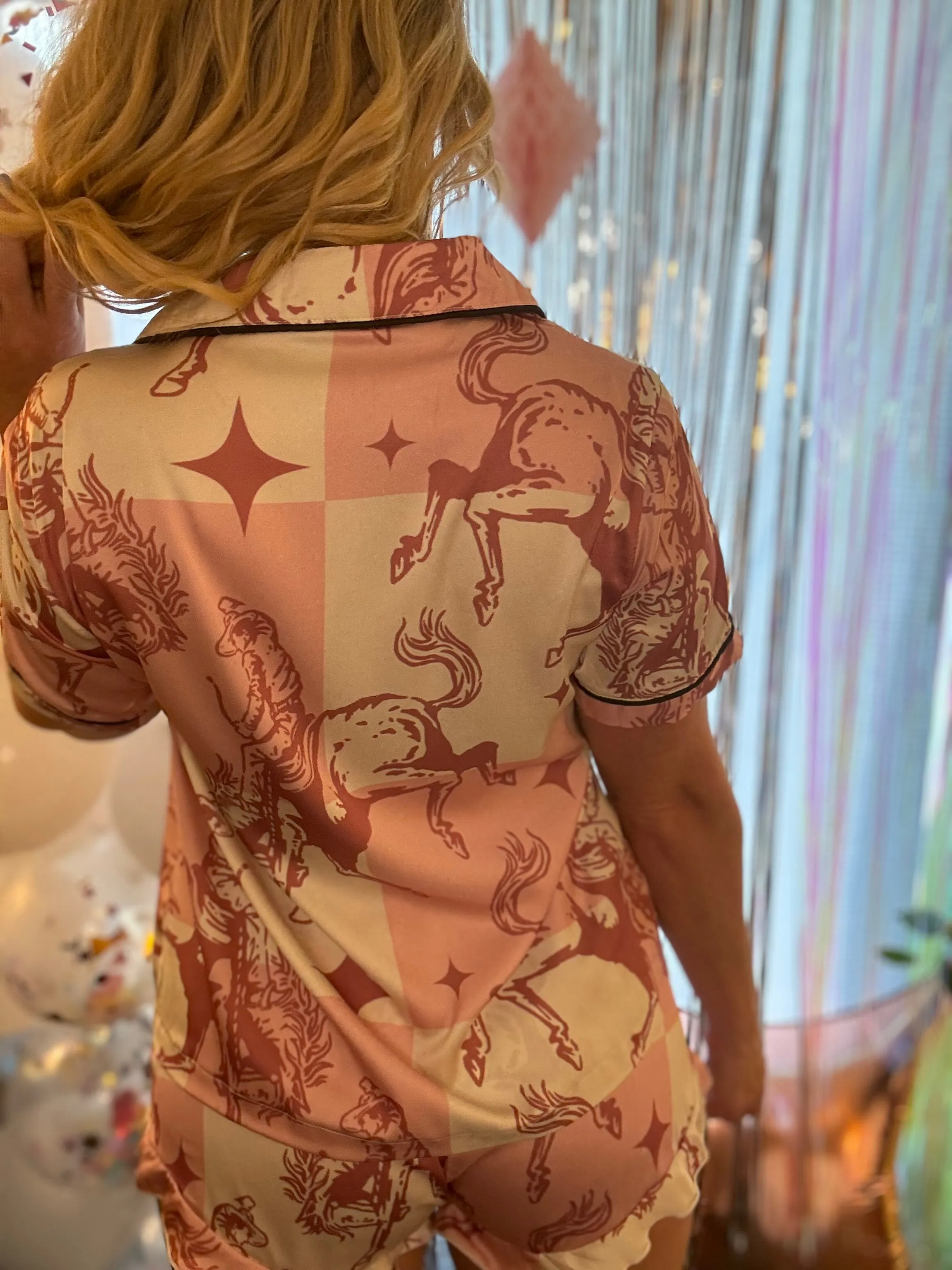 Pink Checkered Bronc Rider Silky Pajama Set