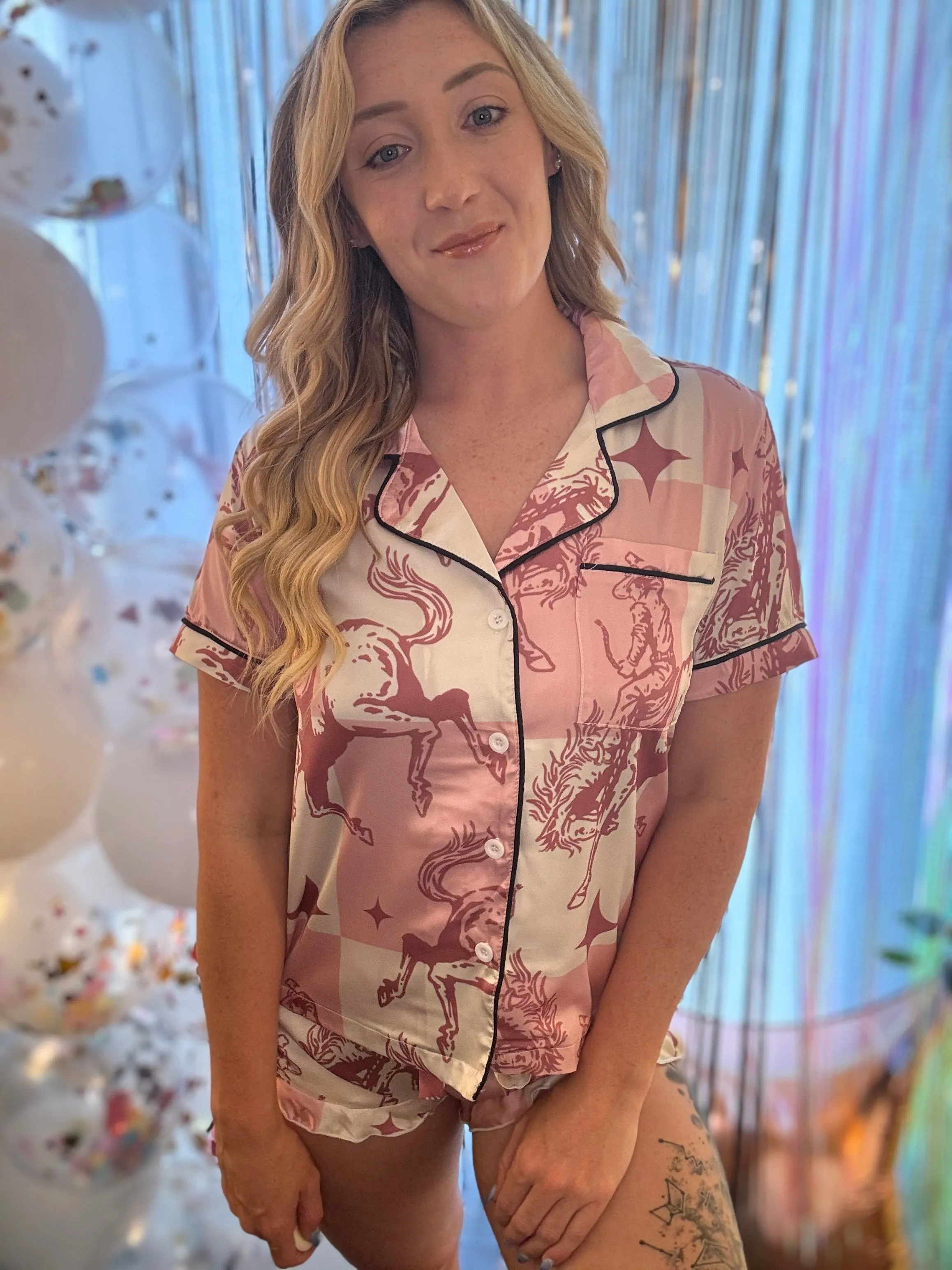 Pink Checkered Bronc Rider Silky Pajama Set